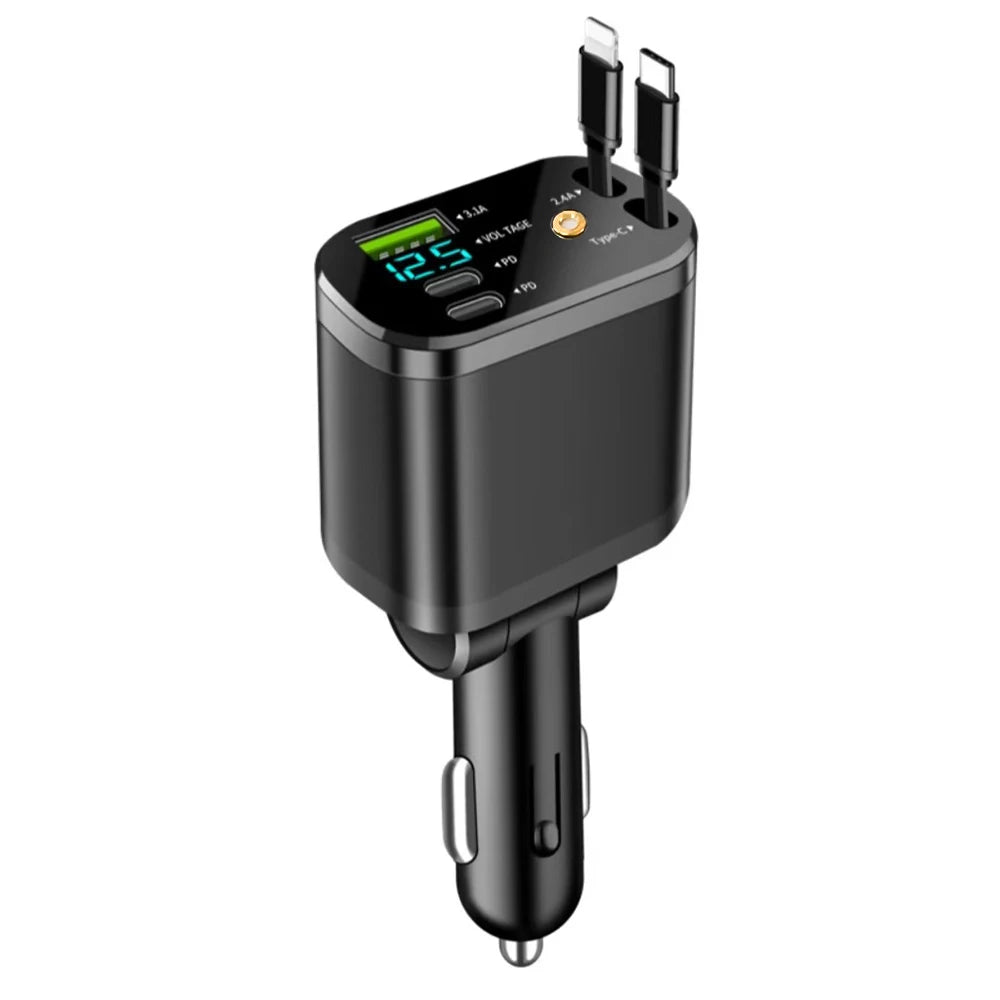 Ładowarka Samochodowa 5w1 120W z Wysuwanymi Kab­lami i Podświetleniem LED „Starry Light” – Super Fast Charging