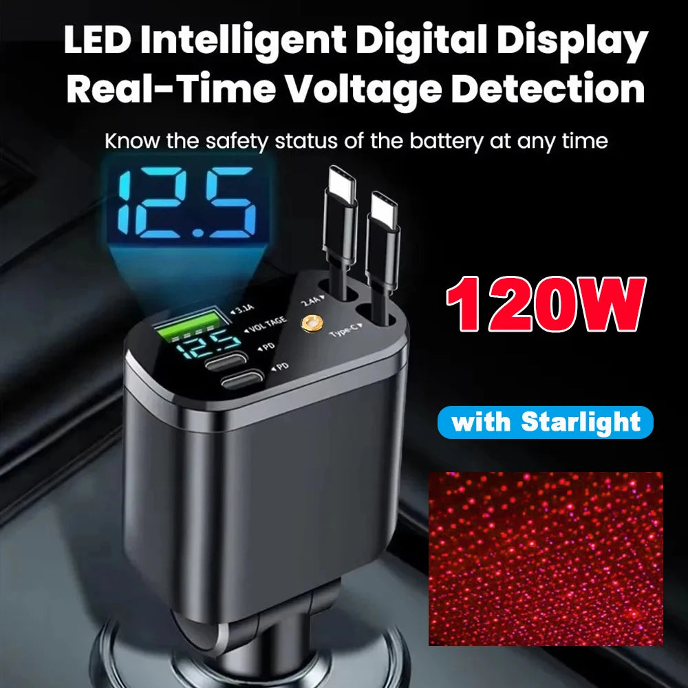 Ładowarka Samochodowa 5w1 120W z Wysuwanymi Kab­lami i Podświetleniem LED „Starry Light” – Super Fast Charging