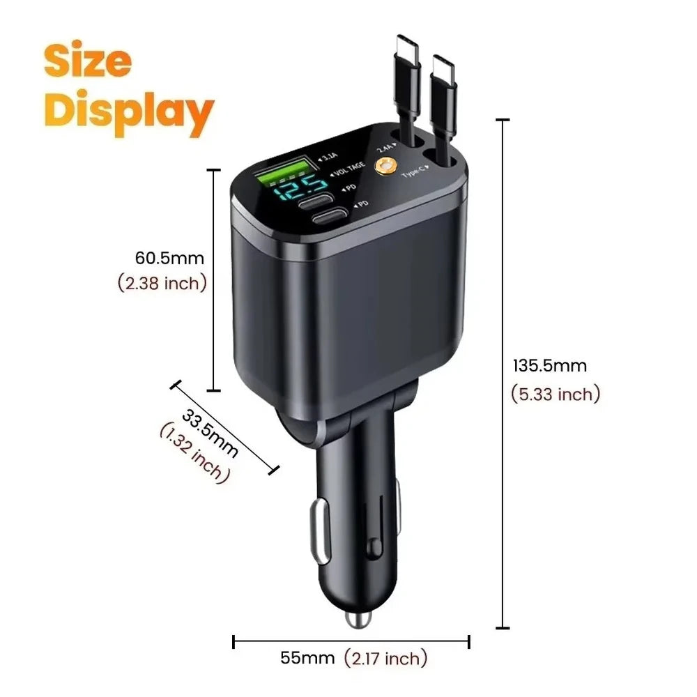 Ładowarka Samochodowa 5w1 120W z Wysuwanymi Kab­lami i Podświetleniem LED „Starry Light” – Super Fast Charging
