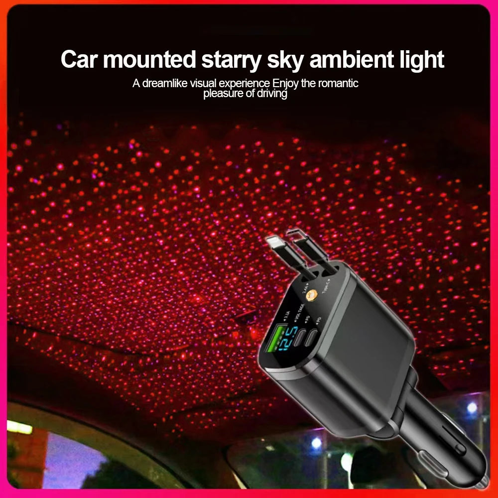 Ładowarka Samochodowa 5w1 120W z Wysuwanymi Kab­lami i Podświetleniem LED „Starry Light” – Super Fast Charging