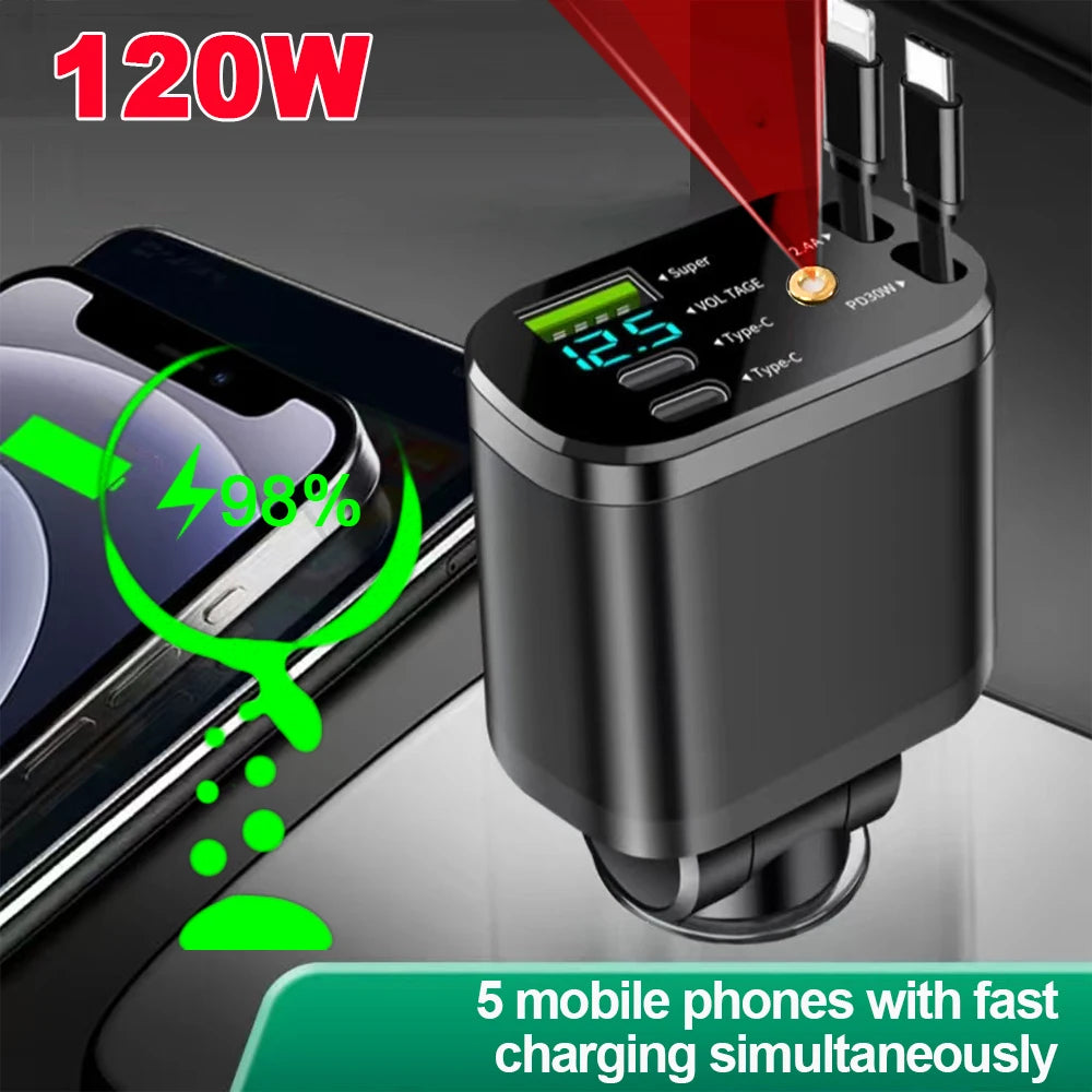 Ładowarka Samochodowa 5w1 120W z Wysuwanymi Kab­lami i Podświetleniem LED „Starry Light” – Super Fast Charging